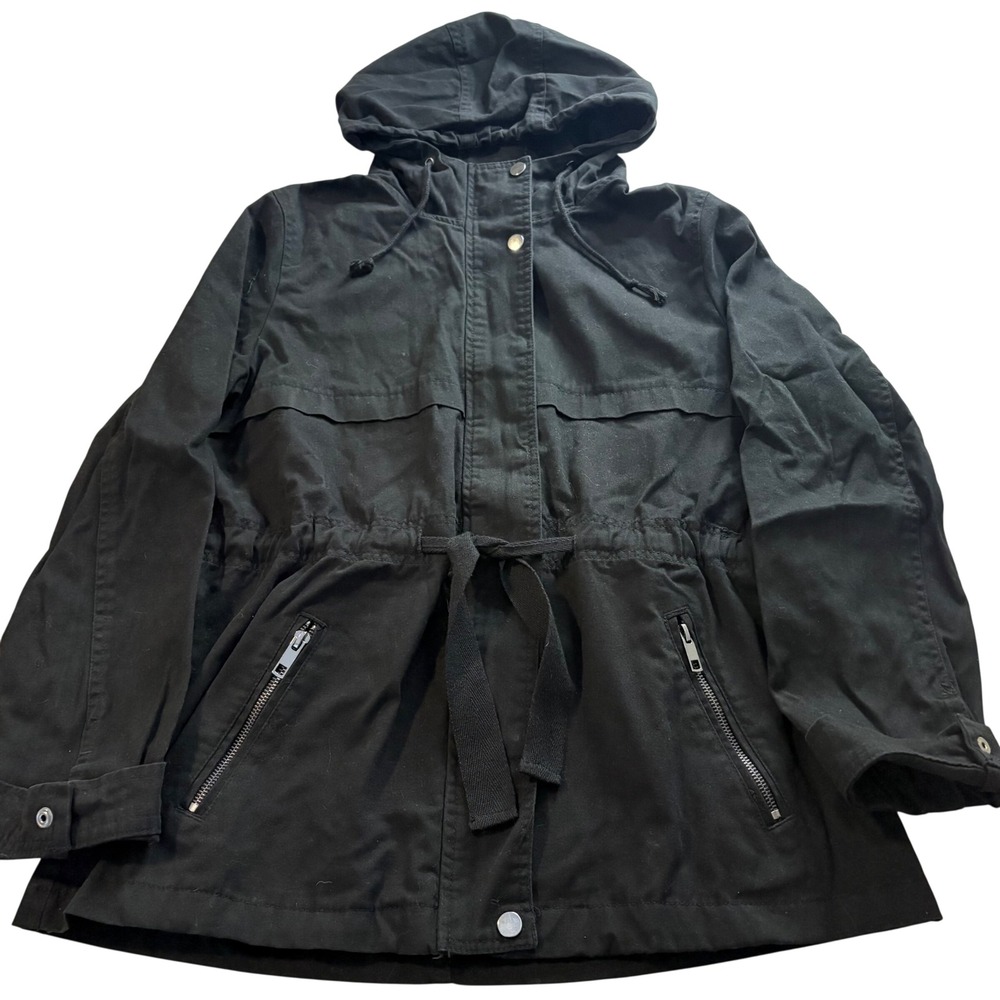 St Johns Bay Womens Black Cotton Utility Anorak Jacket Hooded Tie Waist Large